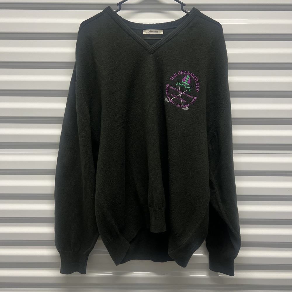 Johnstons Mens V-Neck Sweater Size 48 Pure New Wool Green Scotland Golf Vintage